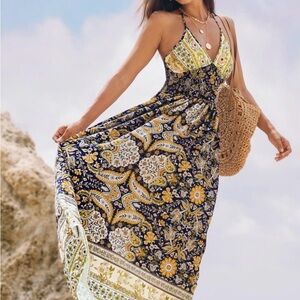 Cupshe Mixed Paisley Boho Maxi Dress Blue Gold Yellow Size Medium